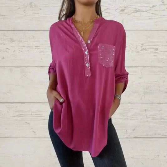 Cotton V-Neck Sequin Mid-Sleeve Casual Top Summer Women Blouses Casual Loose Collar Button Printed Sun Protection Pocket Shirt