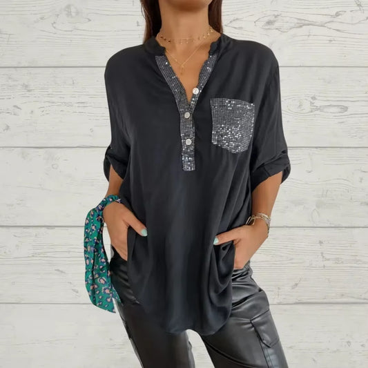 Cotton V-Neck Sequin Mid-Sleeve Casual Top Summer Women Blouses Casual Loose Collar Button Printed Sun Protection Pocket Shirt
